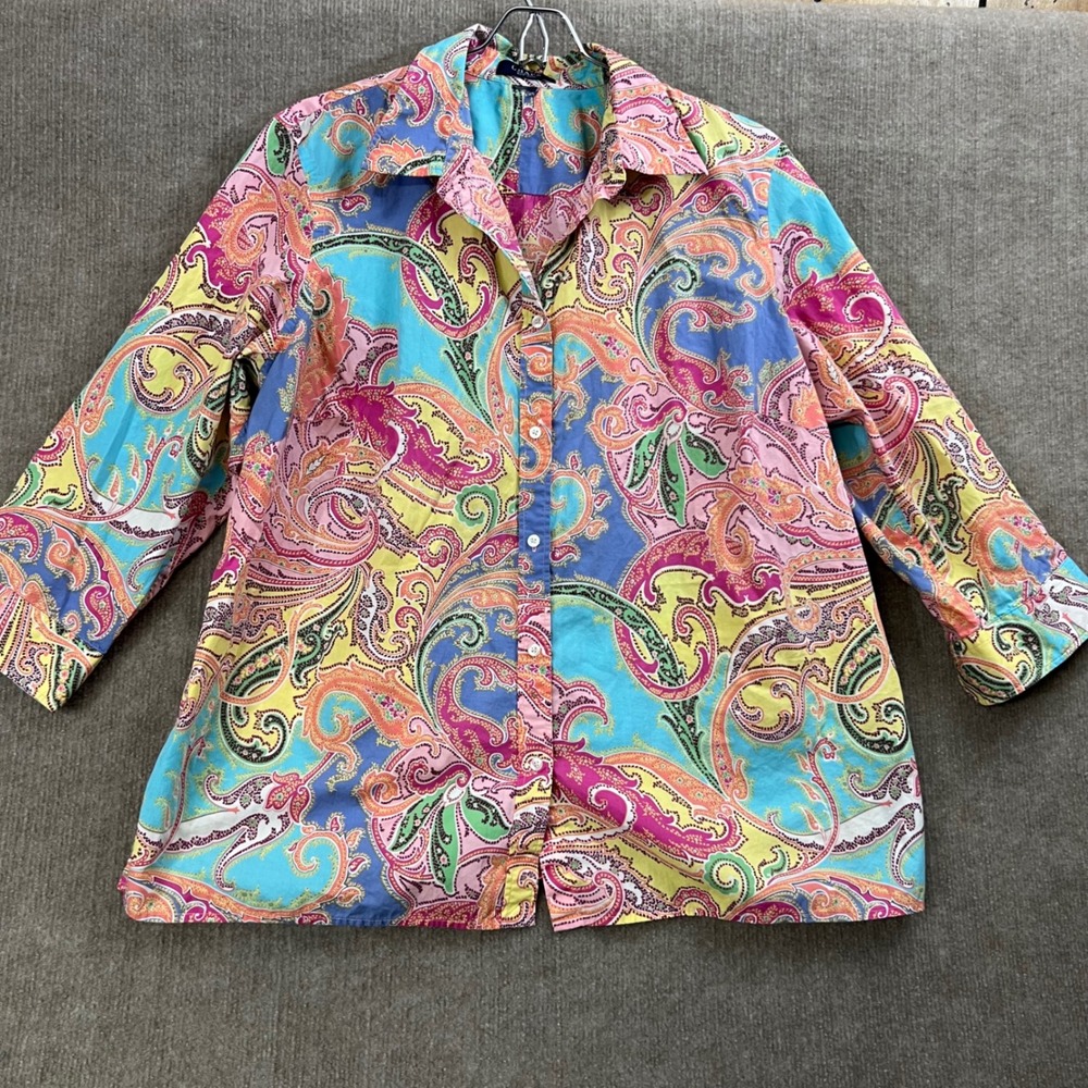 Chaps Paisley 2x Print Button Down Shirt Women's Long Sleeve Collared Top